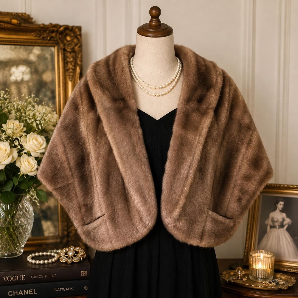 Vtg 1960s Regina Glenara Glenoit Faux Fur Stole Capelet Mink Brown Evening Wrap